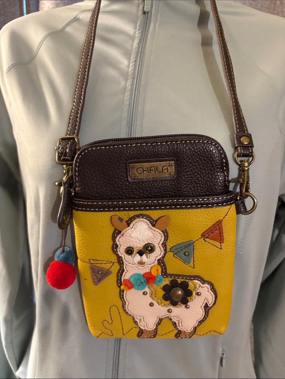 Chala Yellow and Brown Alpaca Mini Crossbody with Colorful Pom-Poms